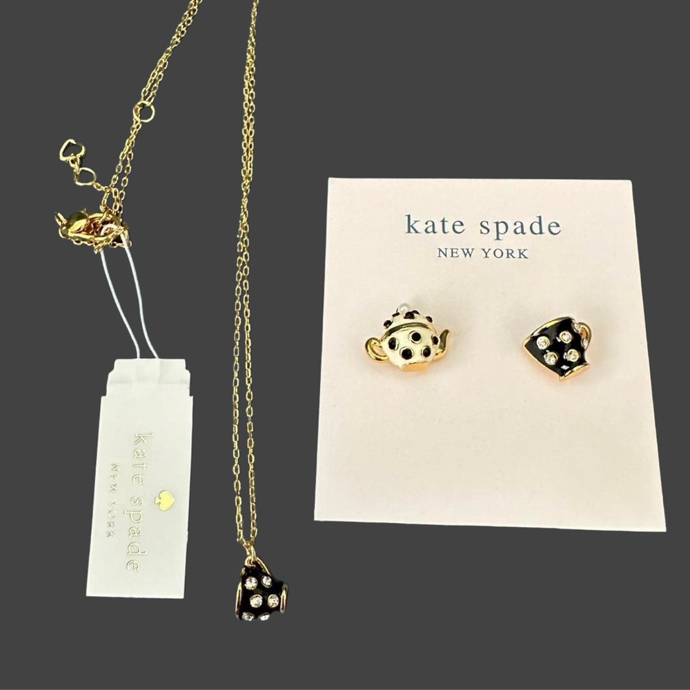 Kate Spade Alice In Wonderland Black and Gold Teapot necklace and earring set
